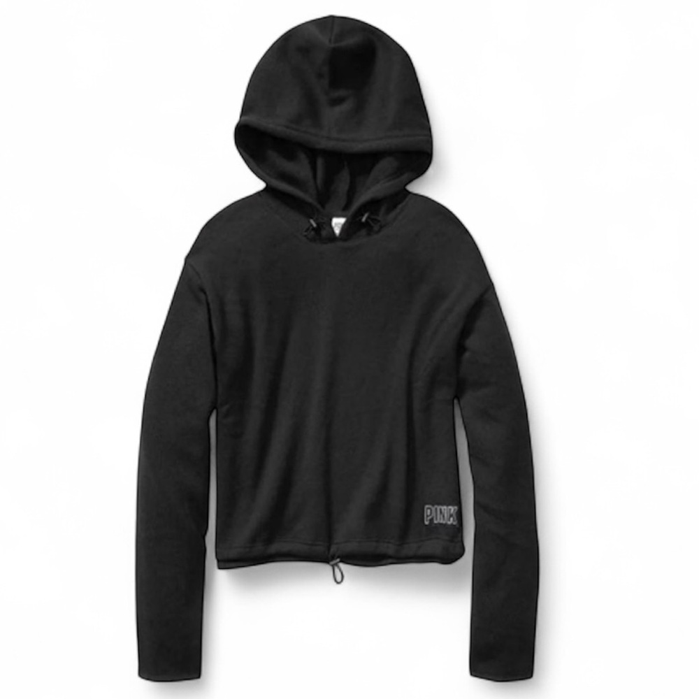 VS PINK Black Cropped Hoodie — Rainbow Varsity Logo Pullover (Medium)